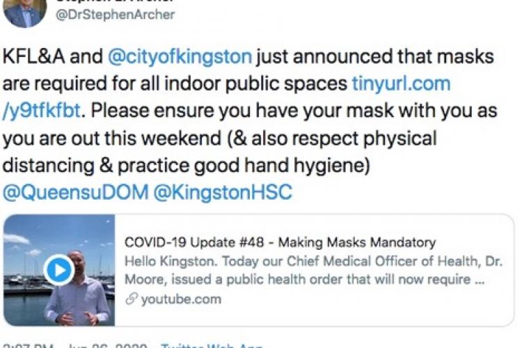 screenshot of Kingston Mayor video re required masking