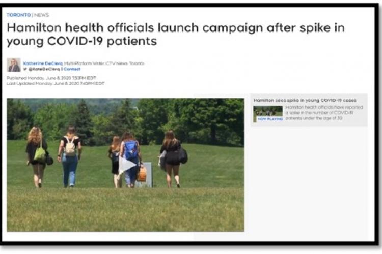 Screenshot of Hamilton News Article- kids playing soccer, campaign after spike in young COVID-19 patients