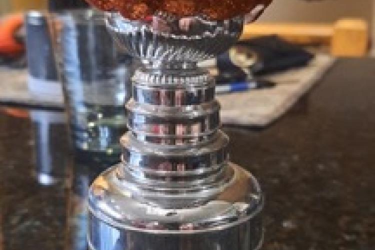 pumpkin sitting in Stanley cup