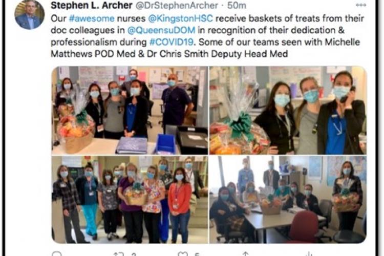multiple photos of healthcare workers receiving gift baskets