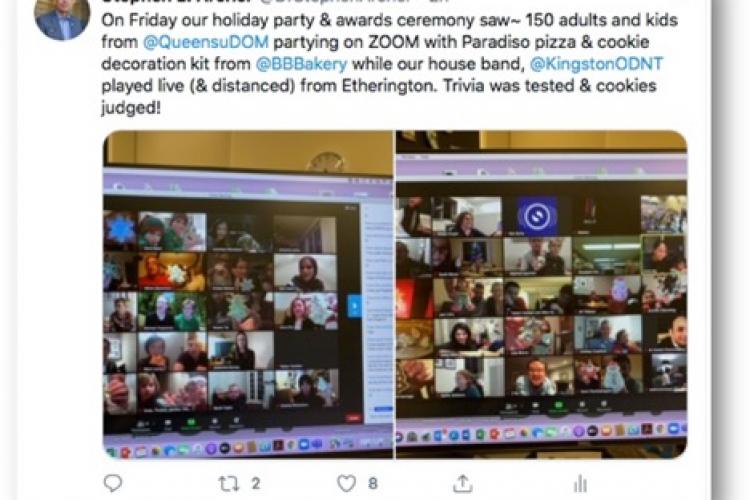 zoom screen of holiday party participants holding up their decorated cookies