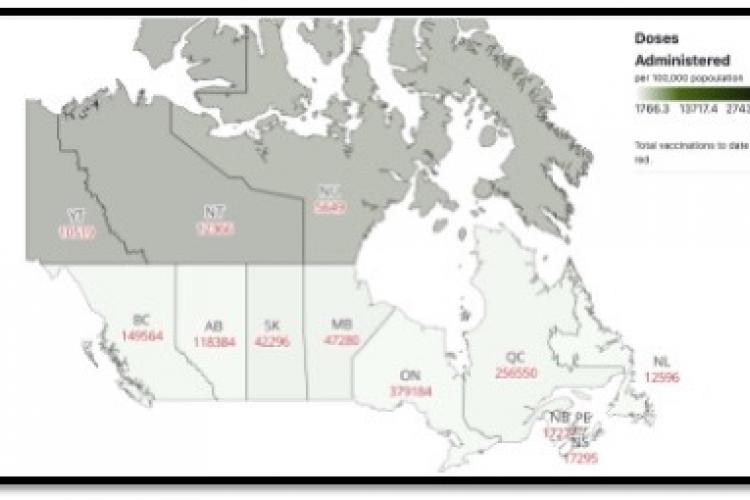 map of Canada showing the amount of vaccine doses administered by each province so far