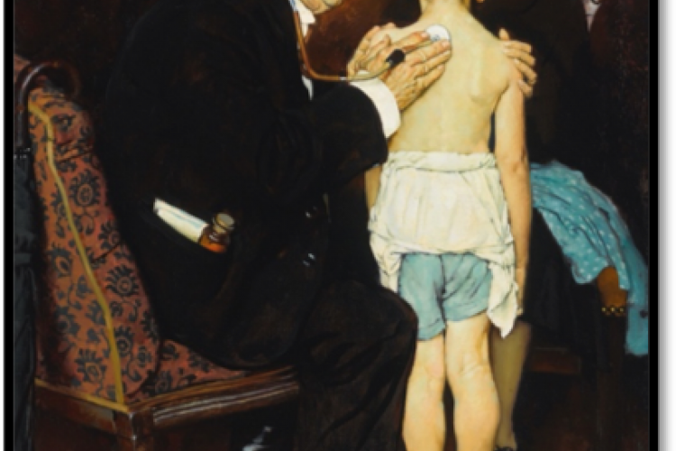 Norman Rockwell painting of Doctor with child patient doing house call