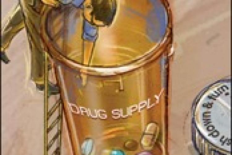man on top of ladder leaning over a pill bottle